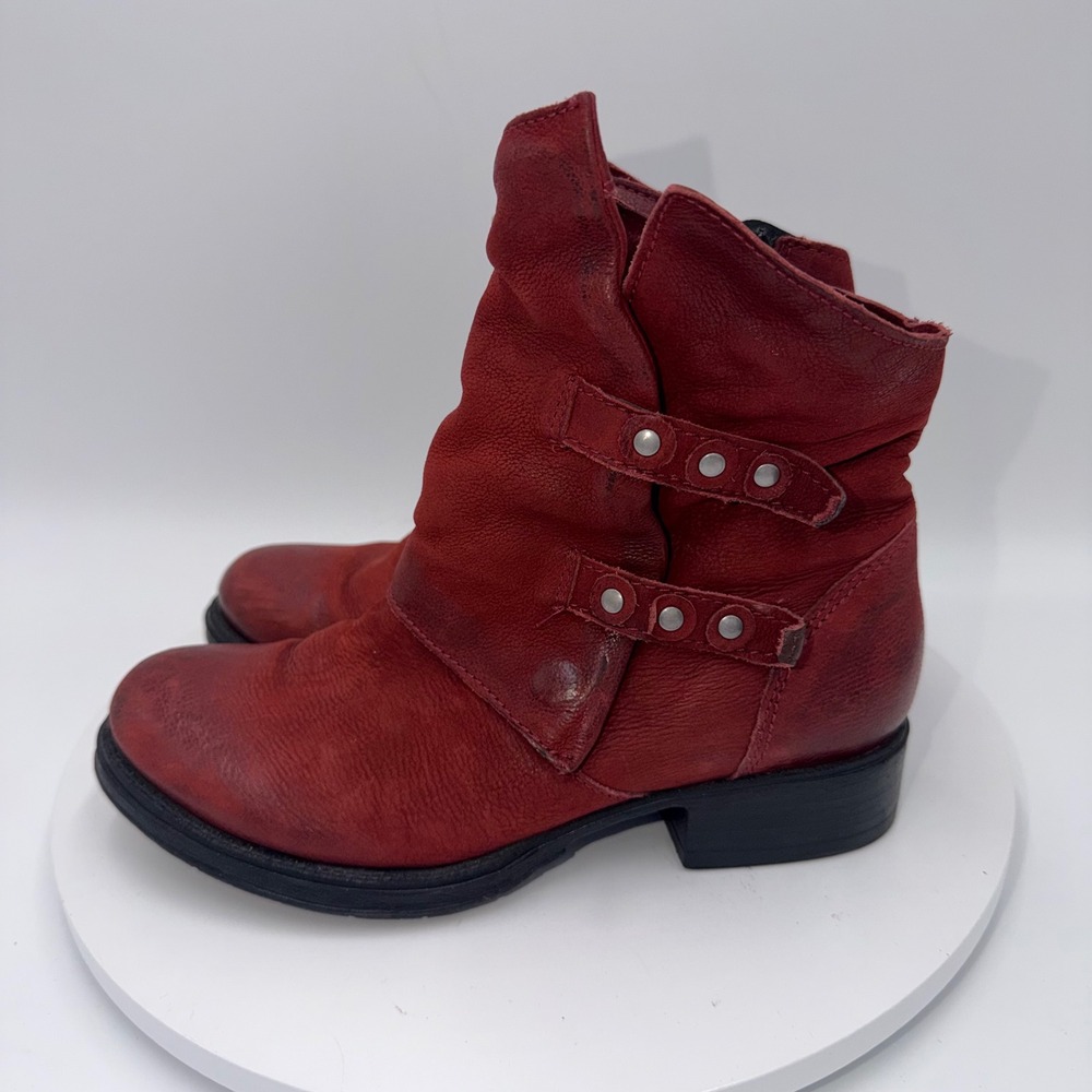 Miz Mooz Red Leather Buckle Moto Ankle Boots Size 37/6.5-7 Studded Slouchy